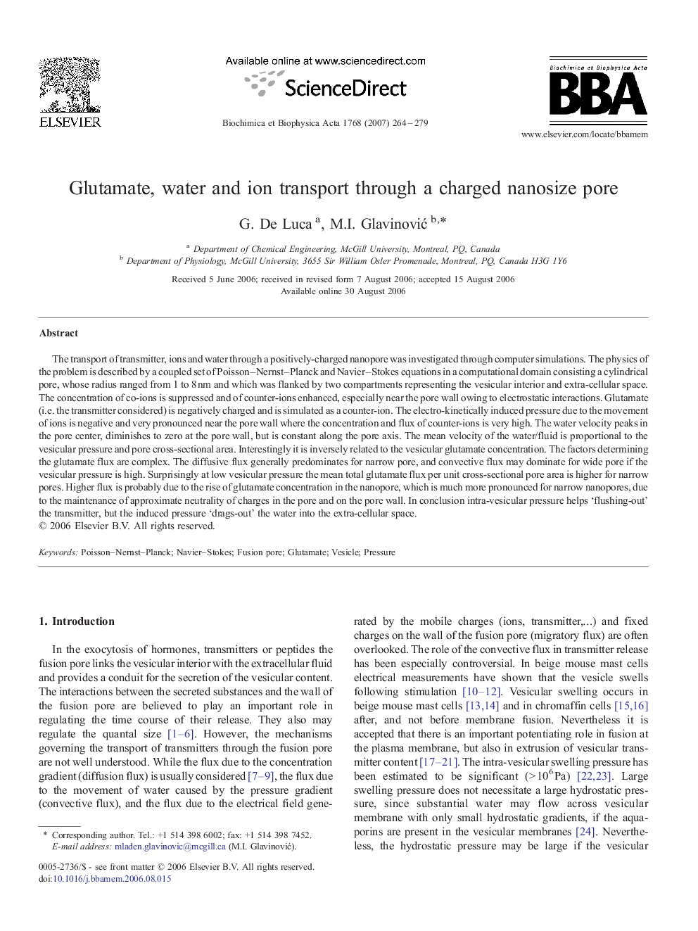 Glutamate, water and ion transport through a charged nanosize pore