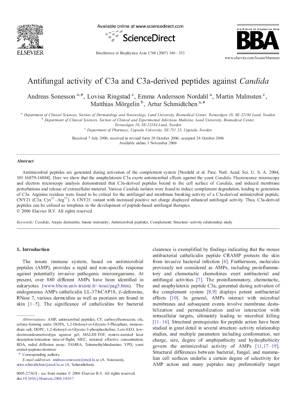 Antifungal activity of C3a and C3a-derived peptides against Candida