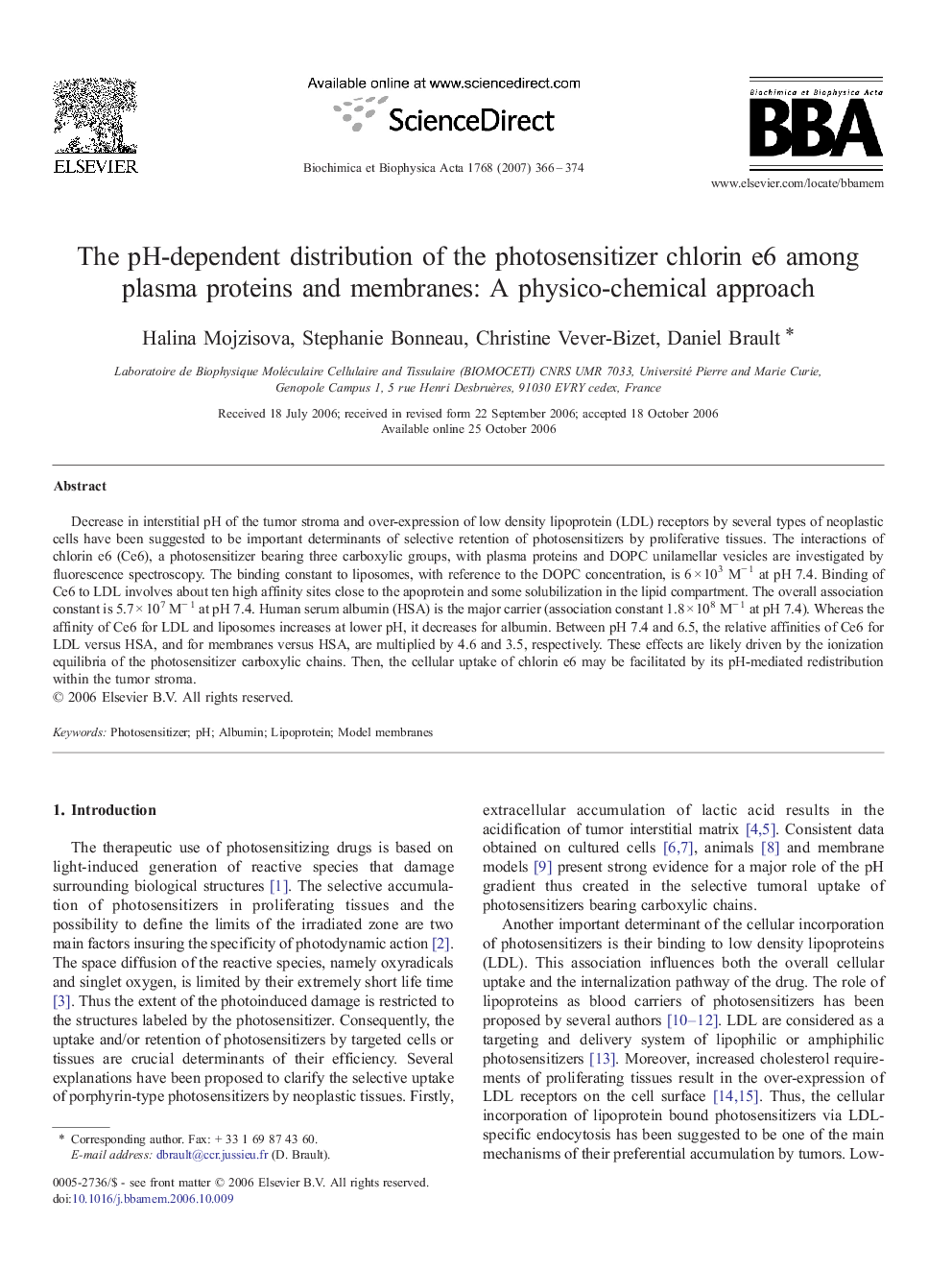 The pH-dependent distribution of the photosensitizer chlorin e6 among plasma proteins and membranes: A physico-chemical approach