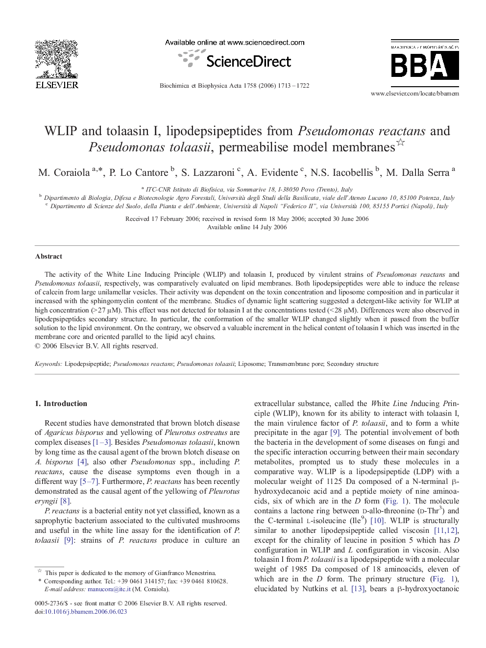 WLIP and tolaasin I, lipodepsipeptides from Pseudomonas reactans and Pseudomonas tolaasii, permeabilise model membranes 