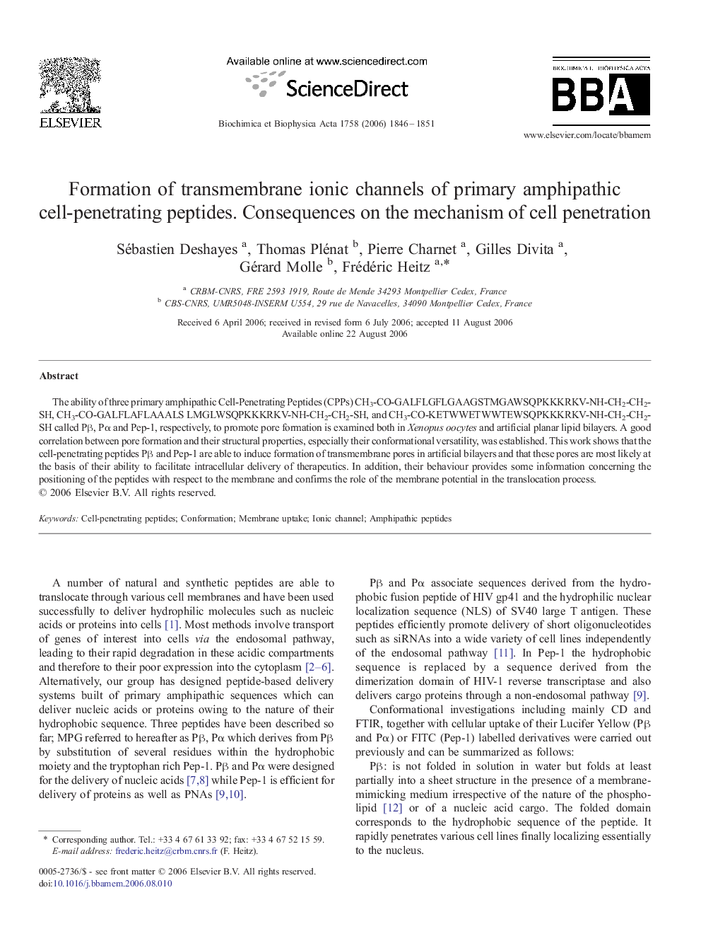 Formation of transmembrane ionic channels of primary amphipathic cell-penetrating peptides. Consequences on the mechanism of cell penetration