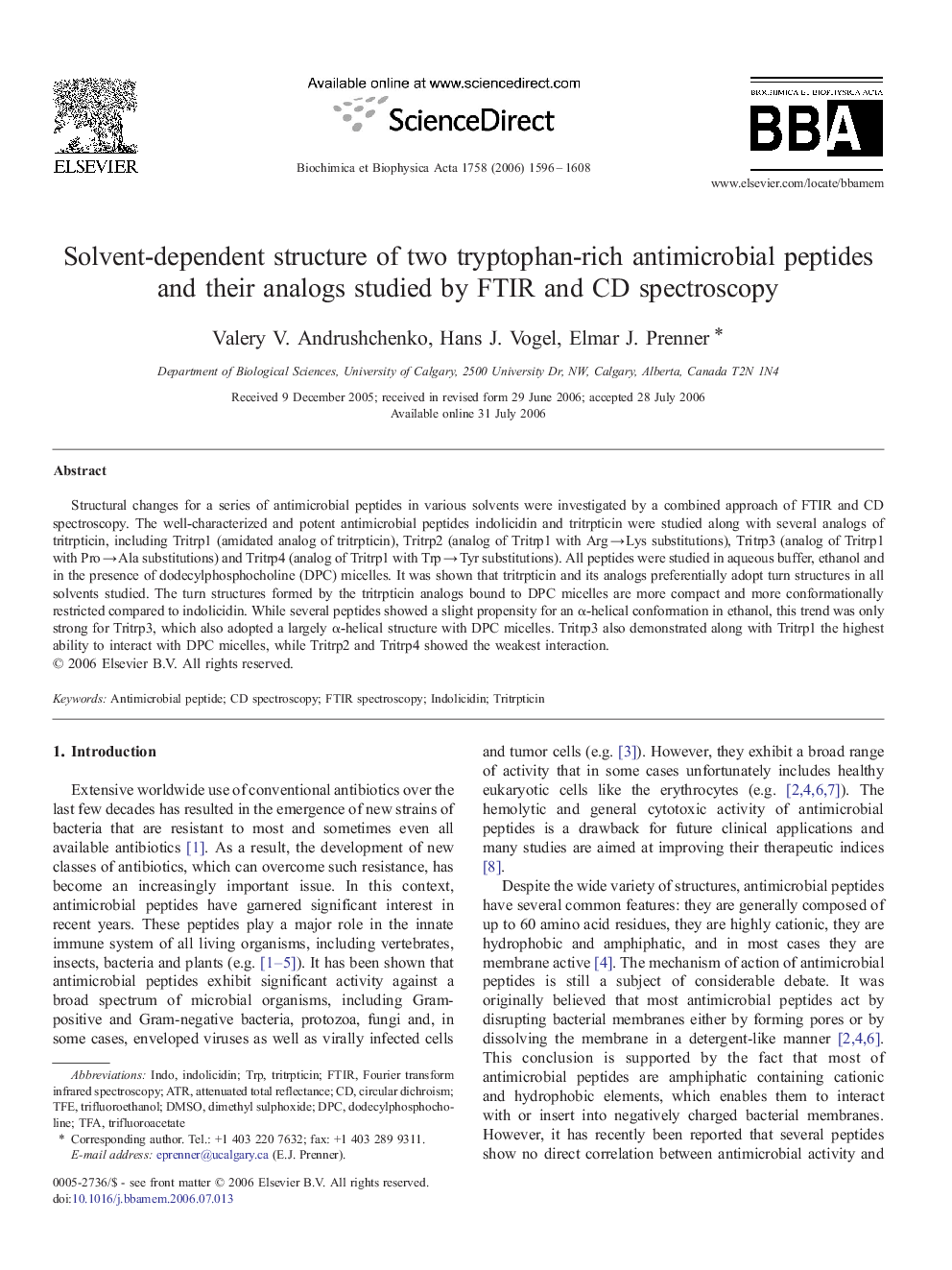 Solvent-dependent structure of two tryptophan-rich antimicrobial peptides and their analogs studied by FTIR and CD spectroscopy