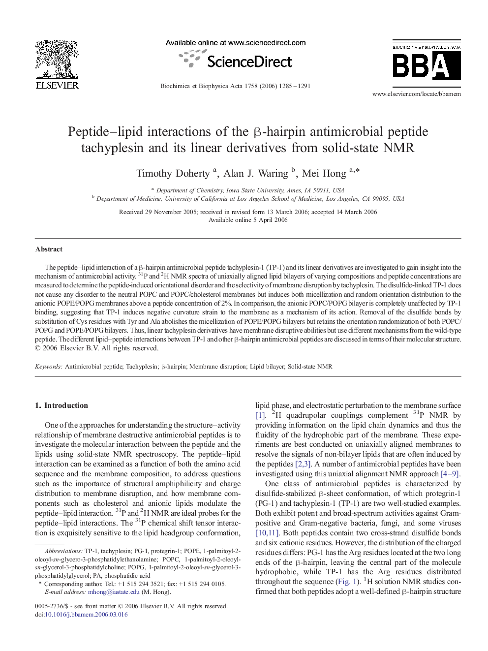 Peptide–lipid interactions of the β-hairpin antimicrobial peptide tachyplesin and its linear derivatives from solid-state NMR