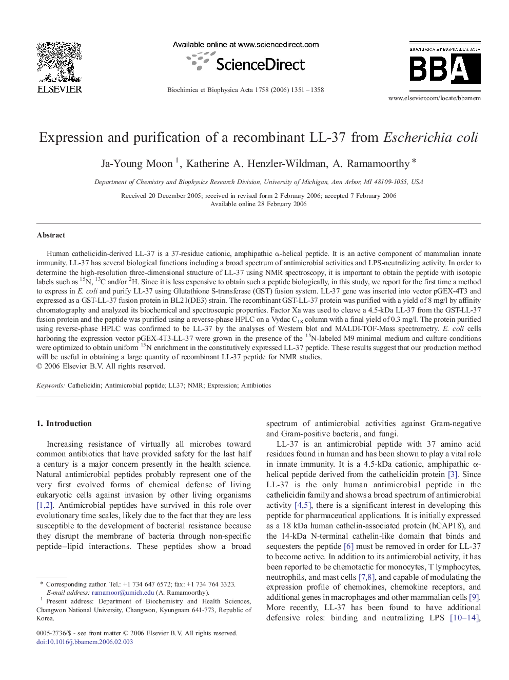 Expression and purification of a recombinant LL-37 from Escherichia coli