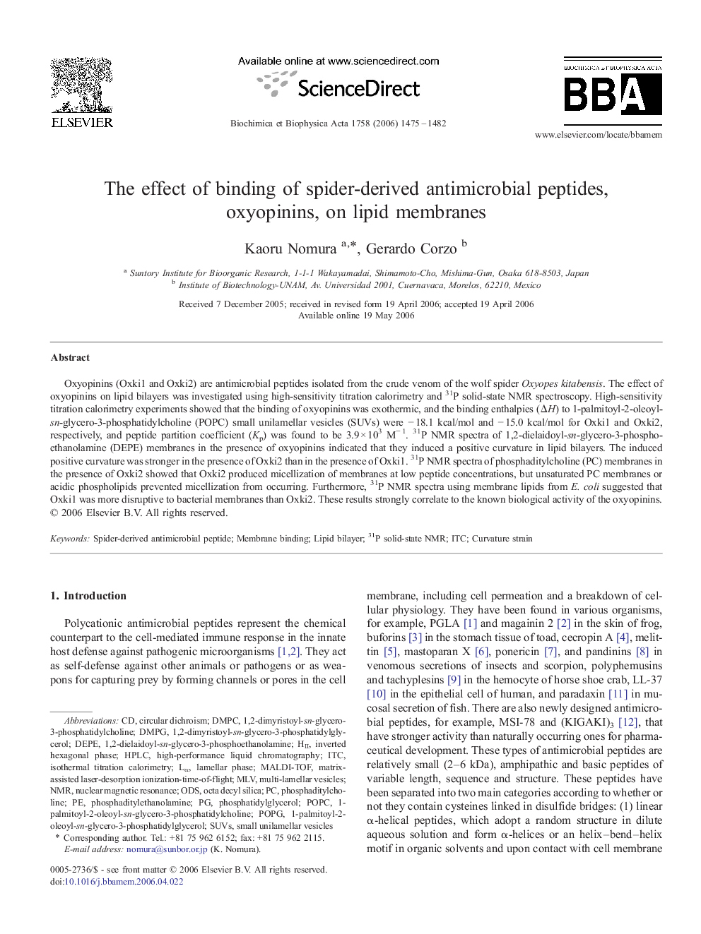 The effect of binding of spider-derived antimicrobial peptides, oxyopinins, on lipid membranes