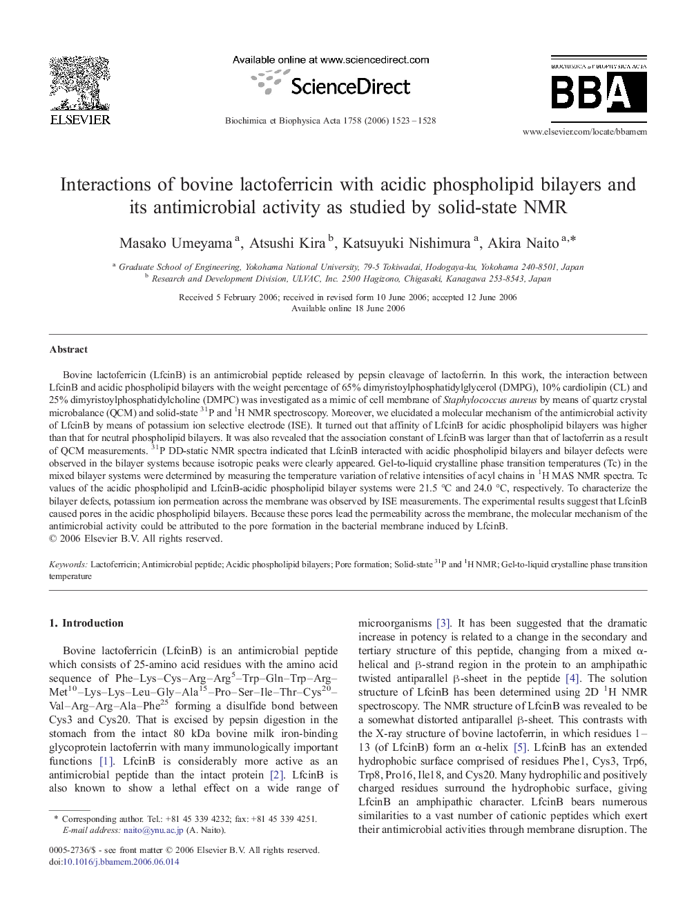 Interactions of bovine lactoferricin with acidic phospholipid bilayers and its antimicrobial activity as studied by solid-state NMR