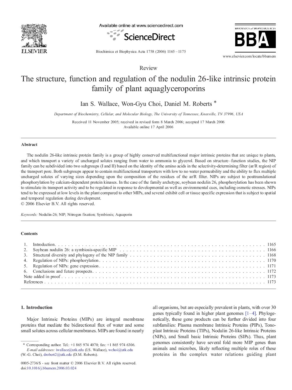 The structure, function and regulation of the nodulin 26-like intrinsic protein family of plant aquaglyceroporins