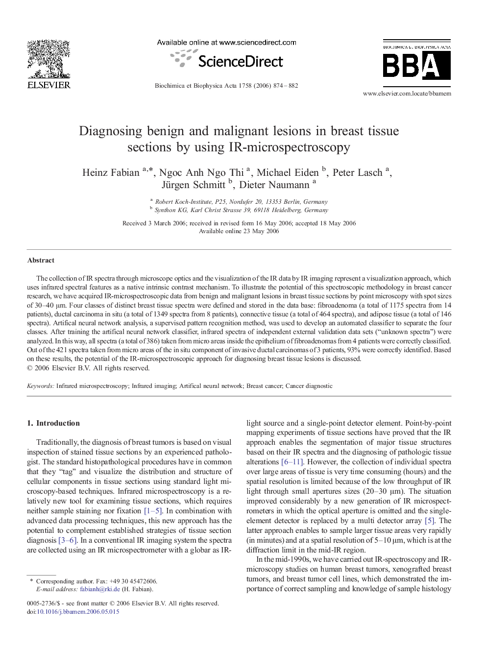 Diagnosing benign and malignant lesions in breast tissue sections by using IR-microspectroscopy