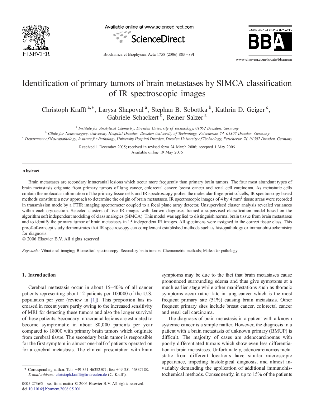 Identification of primary tumors of brain metastases by SIMCA classification of IR spectroscopic images