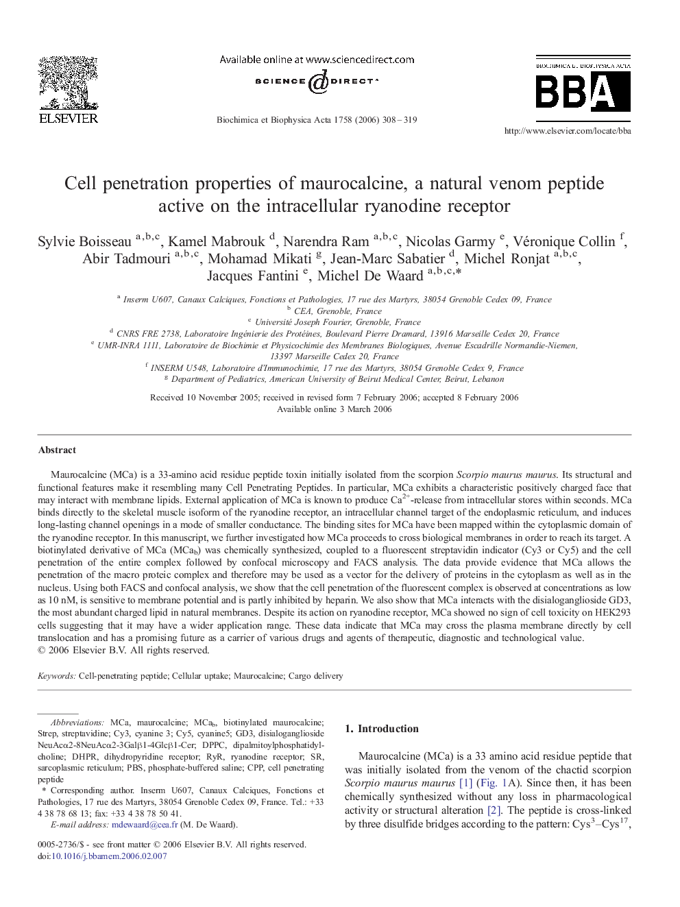 Cell penetration properties of maurocalcine, a natural venom peptide active on the intracellular ryanodine receptor