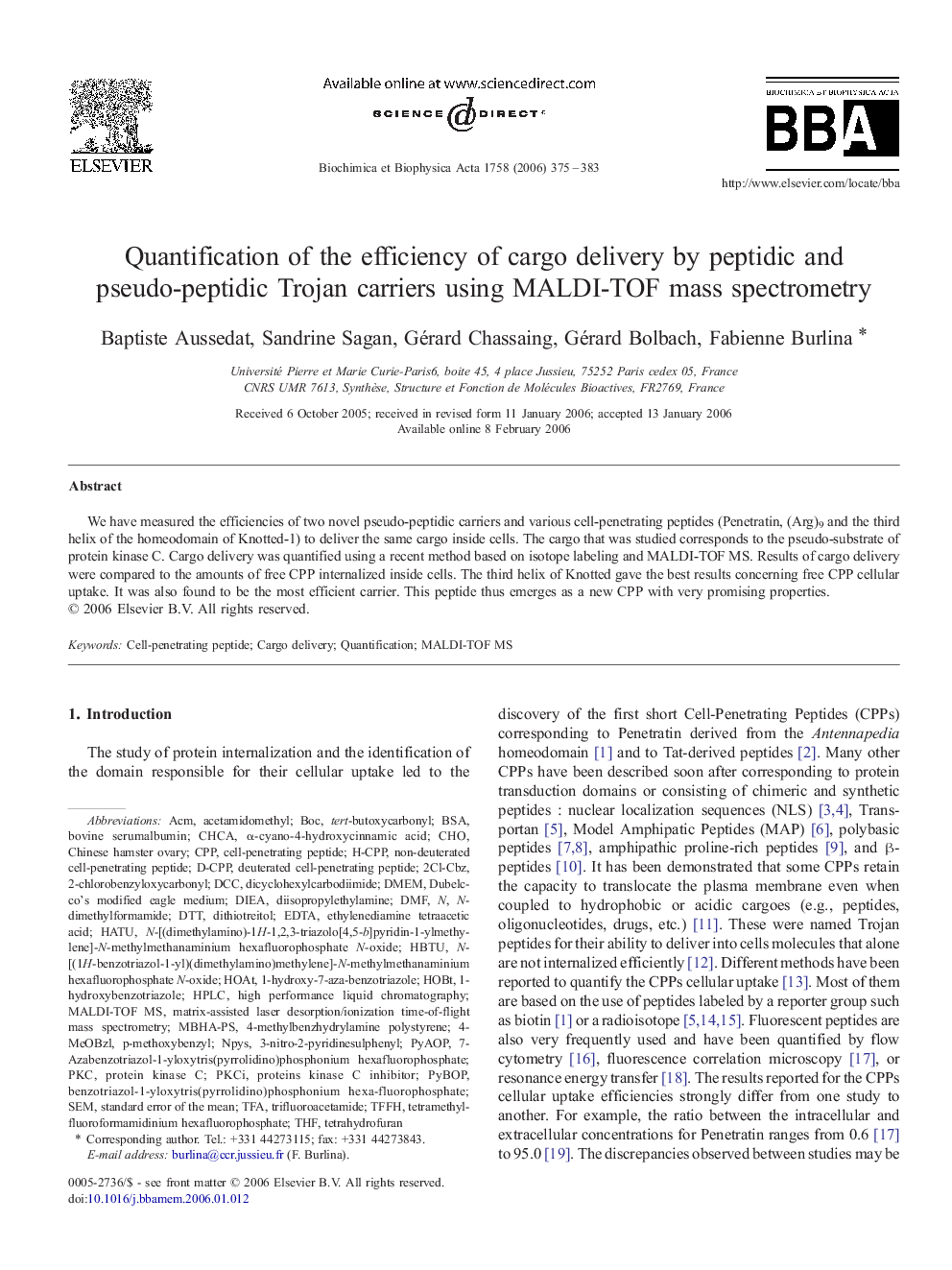 Quantification of the efficiency of cargo delivery by peptidic and pseudo-peptidic Trojan carriers using MALDI-TOF mass spectrometry