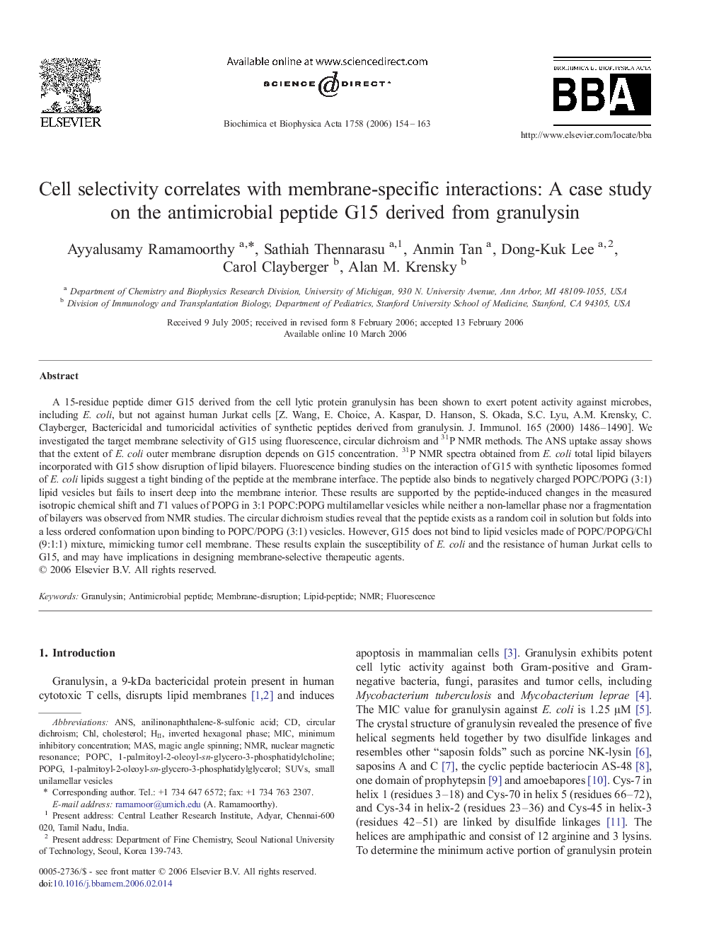 Cell selectivity correlates with membrane-specific interactions: A case study on the antimicrobial peptide G15 derived from granulysin