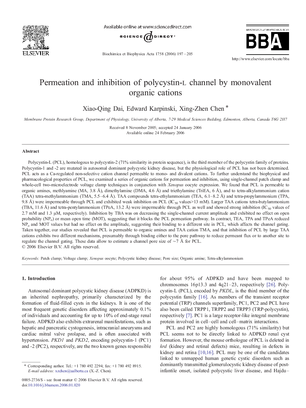 Permeation and inhibition of polycystin-l channel by monovalent organic cations