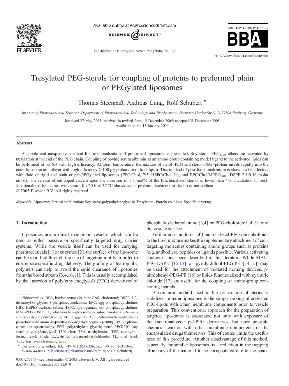 Tresylated PEG-sterols for coupling of proteins to preformed plain or PEGylated liposomes