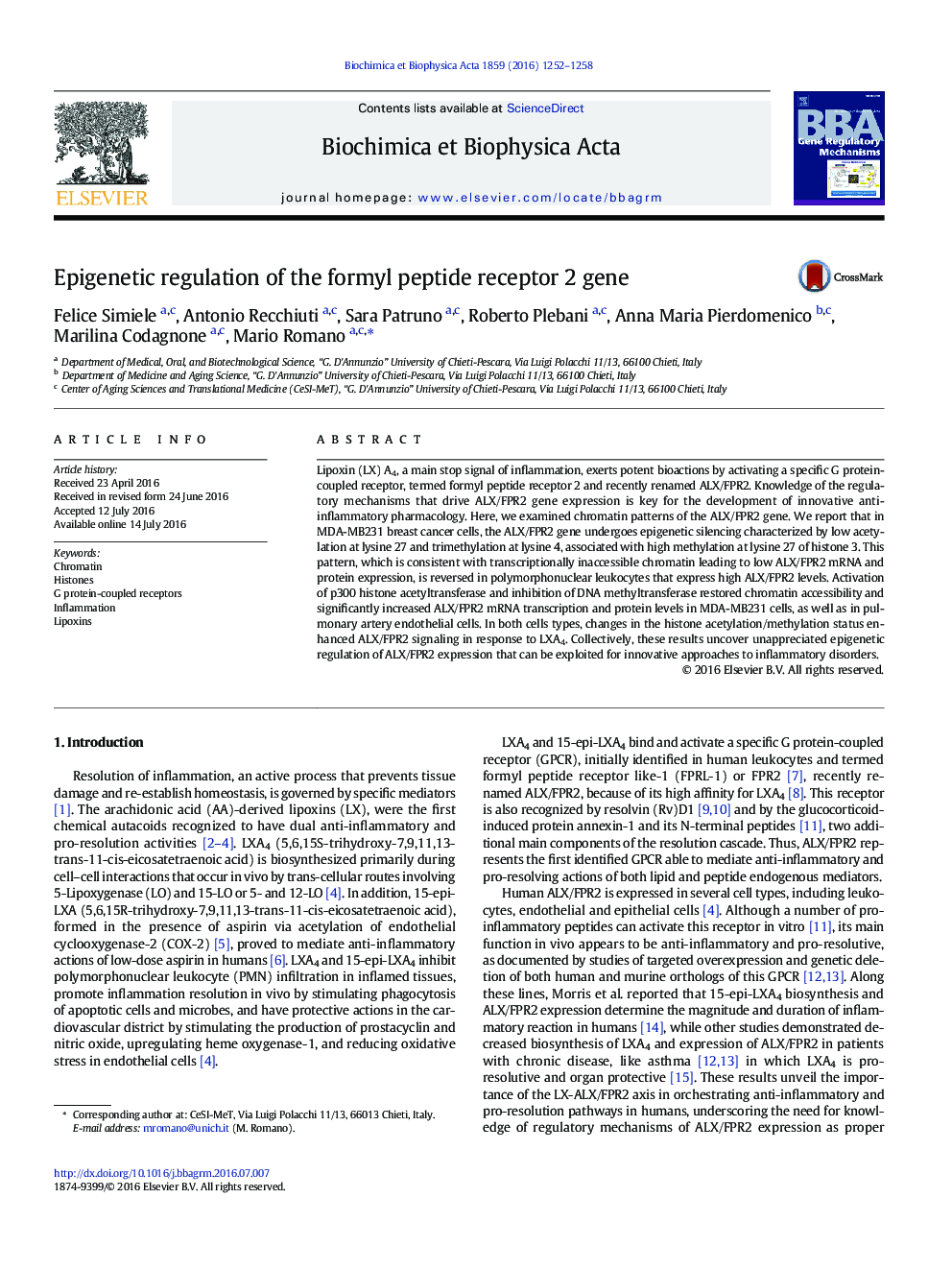 Epigenetic regulation of the formyl peptide receptor 2 gene