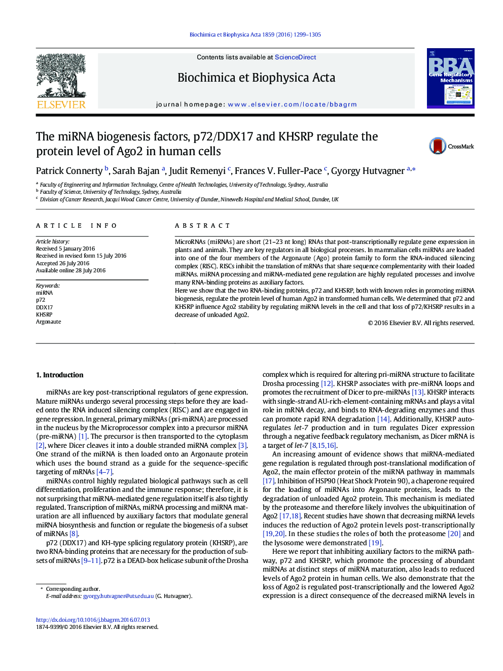 The miRNA biogenesis factors, p72/DDX17 and KHSRP regulate the protein level of Ago2 in human cells