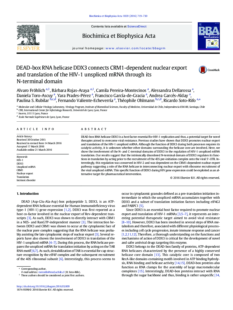 DEAD-box RNA helicase DDX3 connects CRM1-dependent nuclear export and translation of the HIV-1 unspliced mRNA through its N-terminal domain