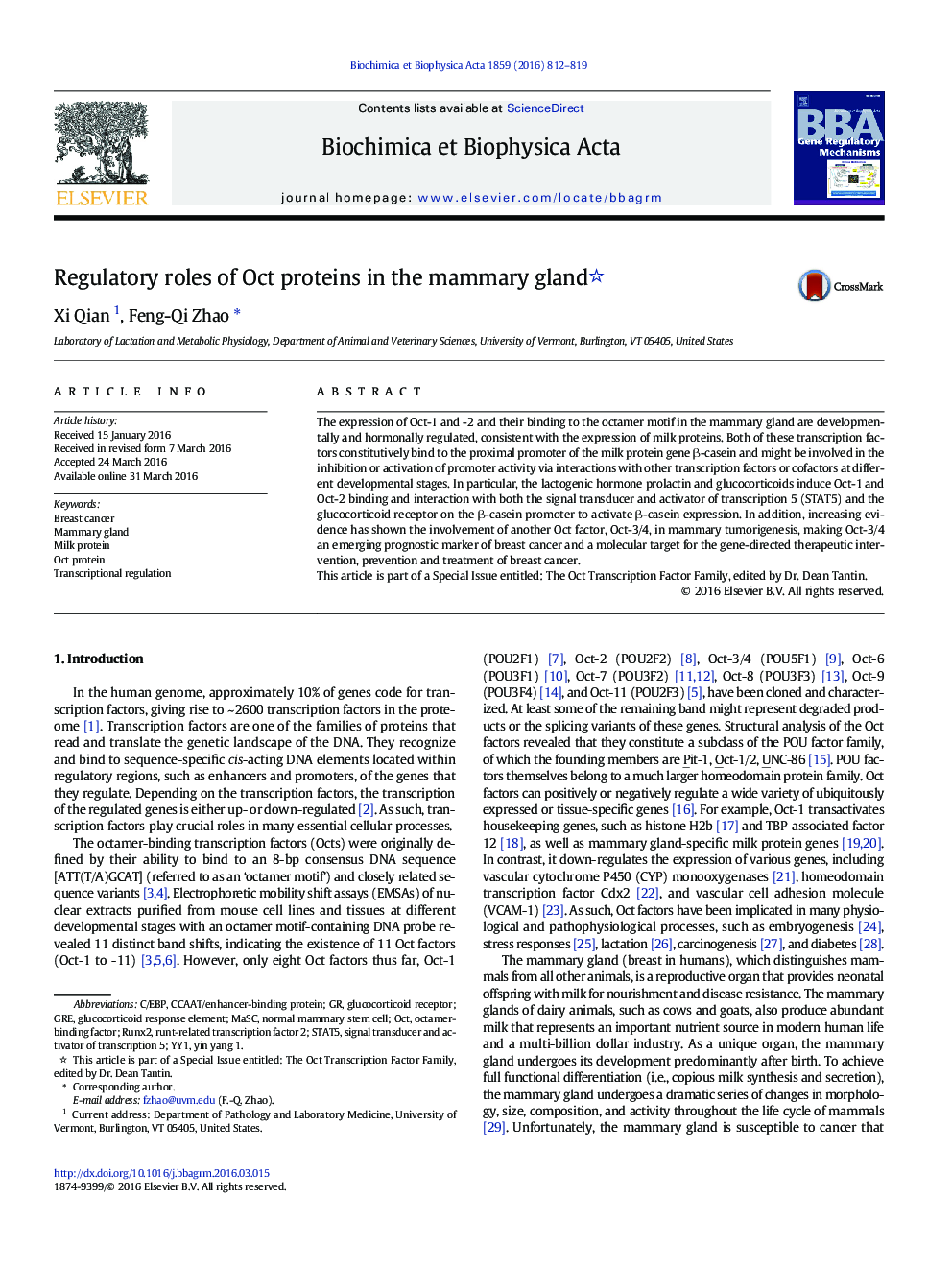 Regulatory roles of Oct proteins in the mammary gland 