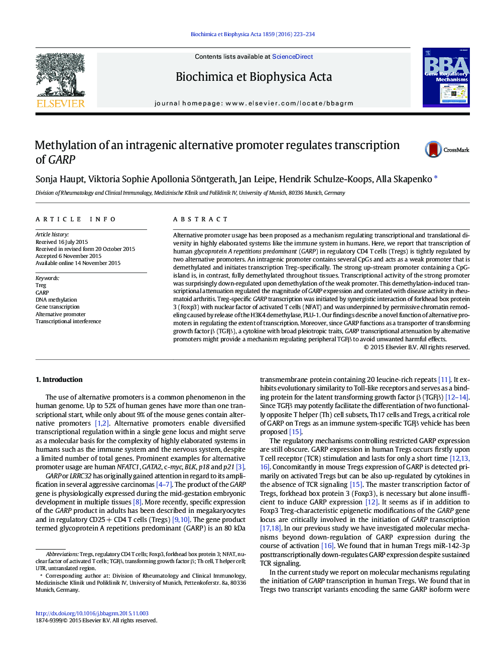 Methylation of an intragenic alternative promoter regulates transcription of GARP