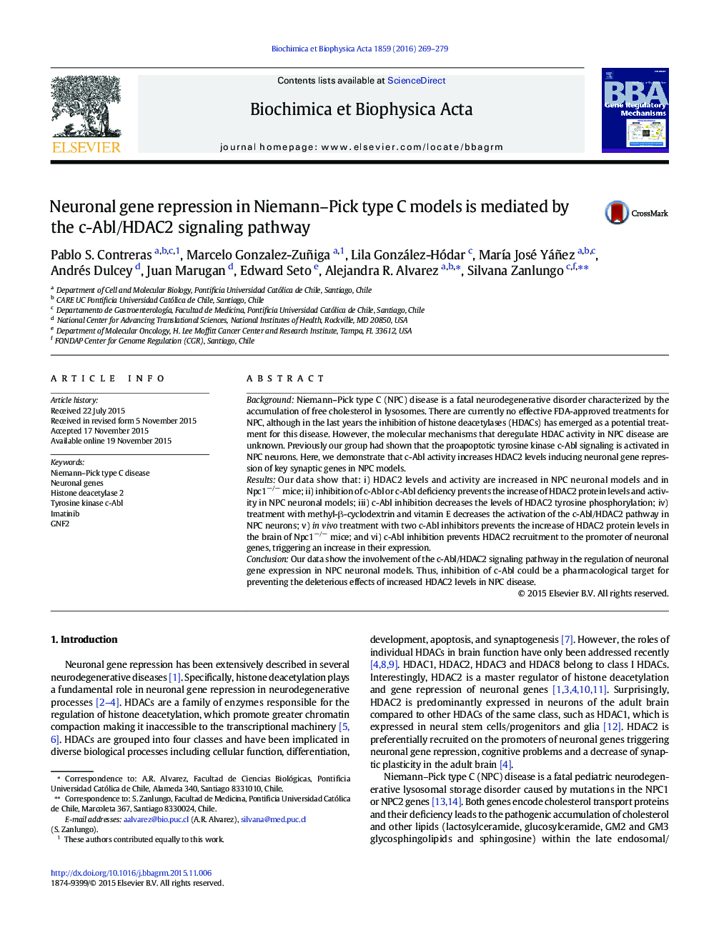 Neuronal gene repression in Niemann-Pick type C models is mediated by the c-Abl/HDAC2 signaling pathway