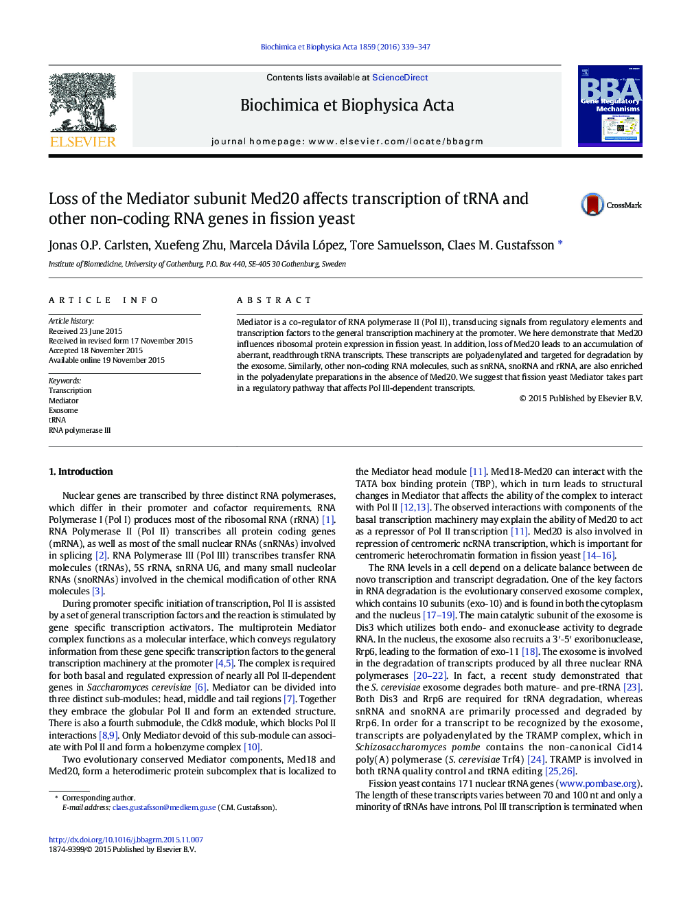 Loss of the Mediator subunit Med20 affects transcription of tRNA and other non-coding RNA genes in fission yeast