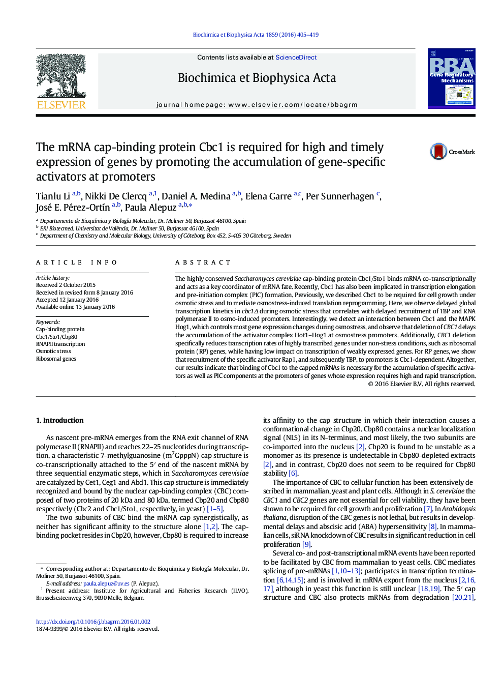 The mRNA cap-binding protein Cbc1 is required for high and timely expression of genes by promoting the accumulation of gene-specific activators at promoters