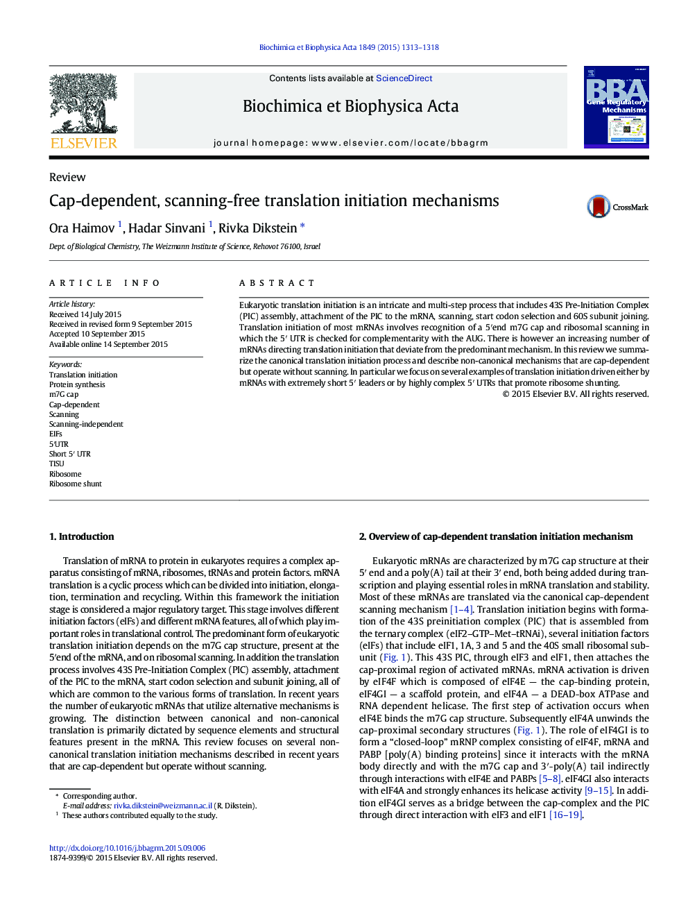 Cap-dependent, scanning-free translation initiation mechanisms