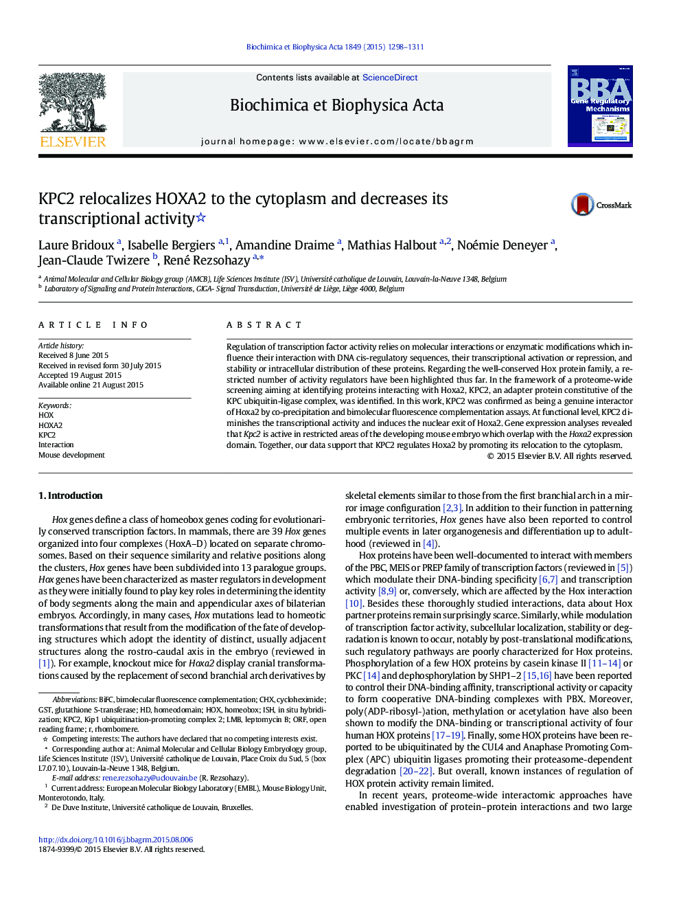 KPC2 relocalizes HOXA2 to the cytoplasm and decreases its transcriptional activity 