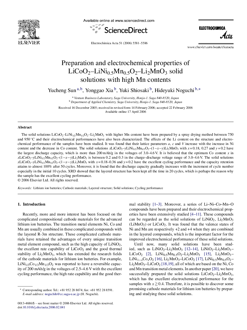 Preparation and electrochemical properties of LiCoO2–LiNi0.5Mn0.5O2–Li2MnO3 solid solutions with high Mn contents