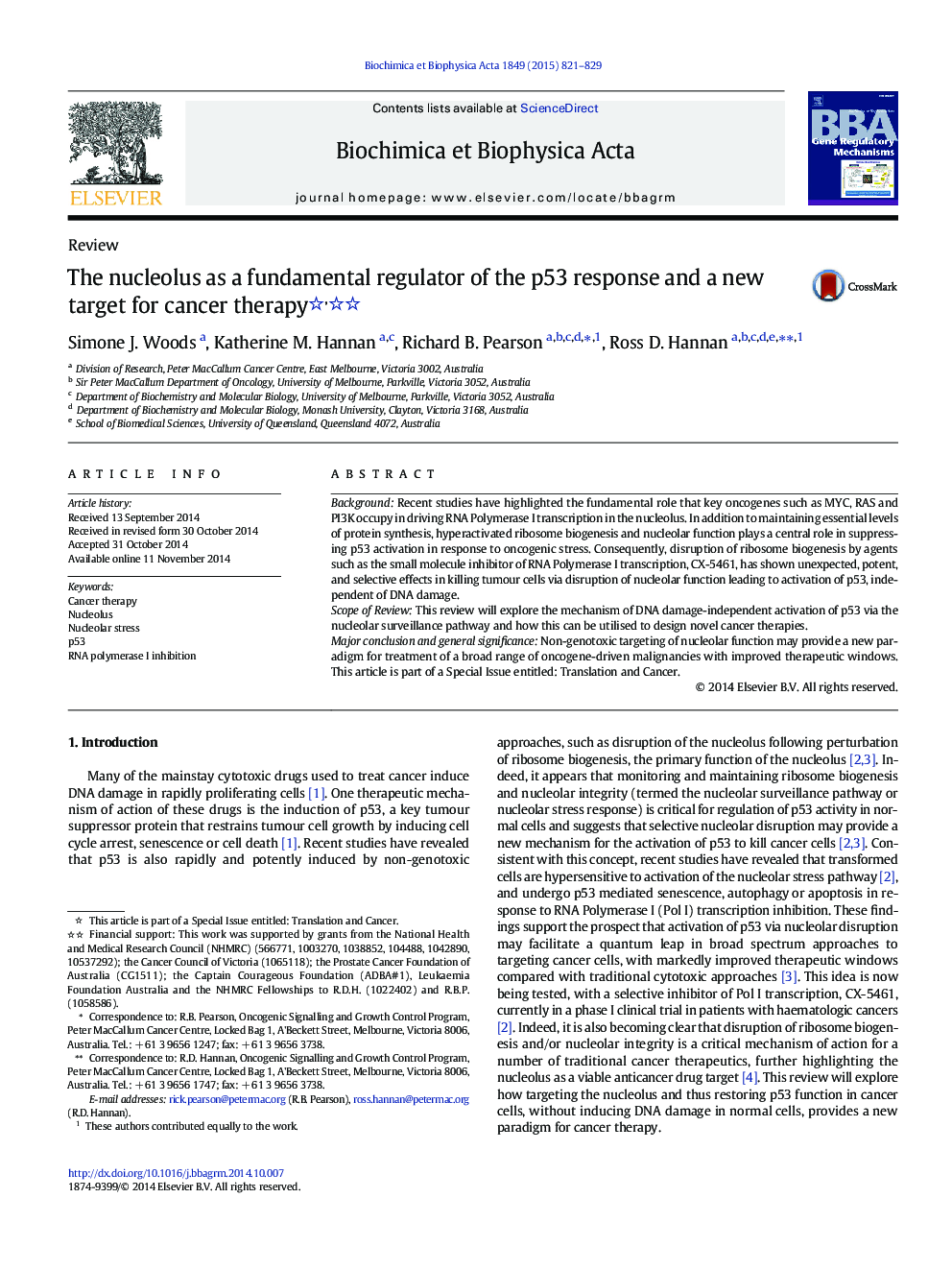 The nucleolus as a fundamental regulator of the p53 response and a new target for cancer therapy 