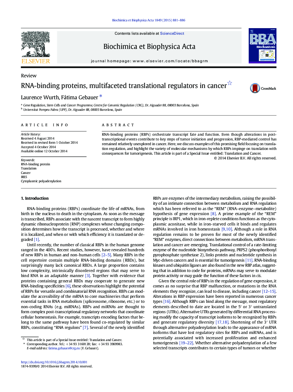 RNA-binding proteins, multifaceted translational regulators in cancer 