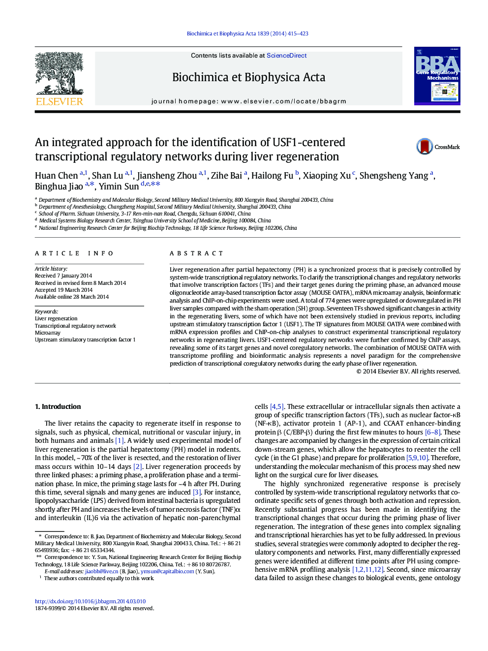 An integrated approach for the identification of USF1-centered transcriptional regulatory networks during liver regeneration