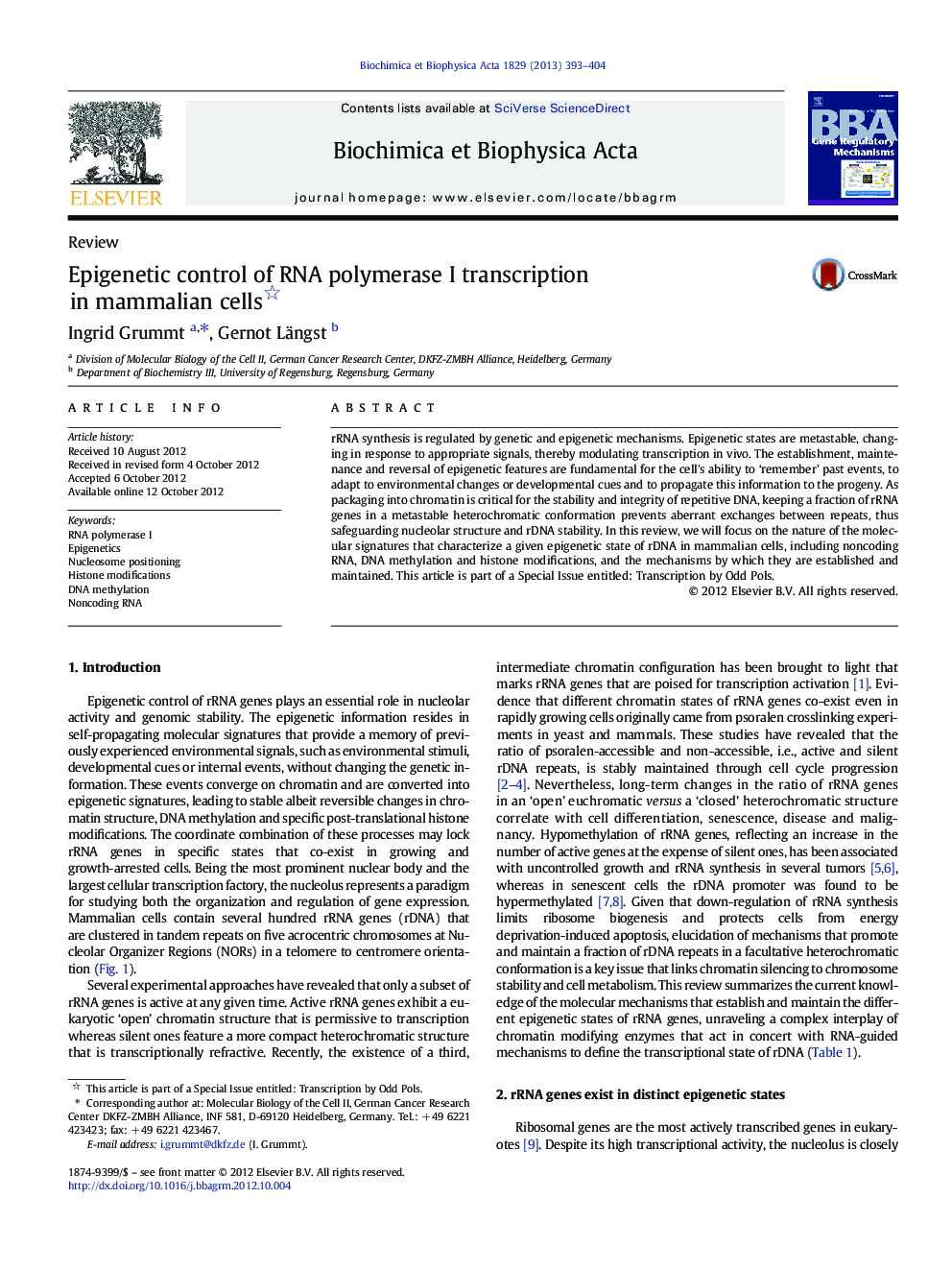 Epigenetic control of RNA polymerase I transcription in mammalian cells 