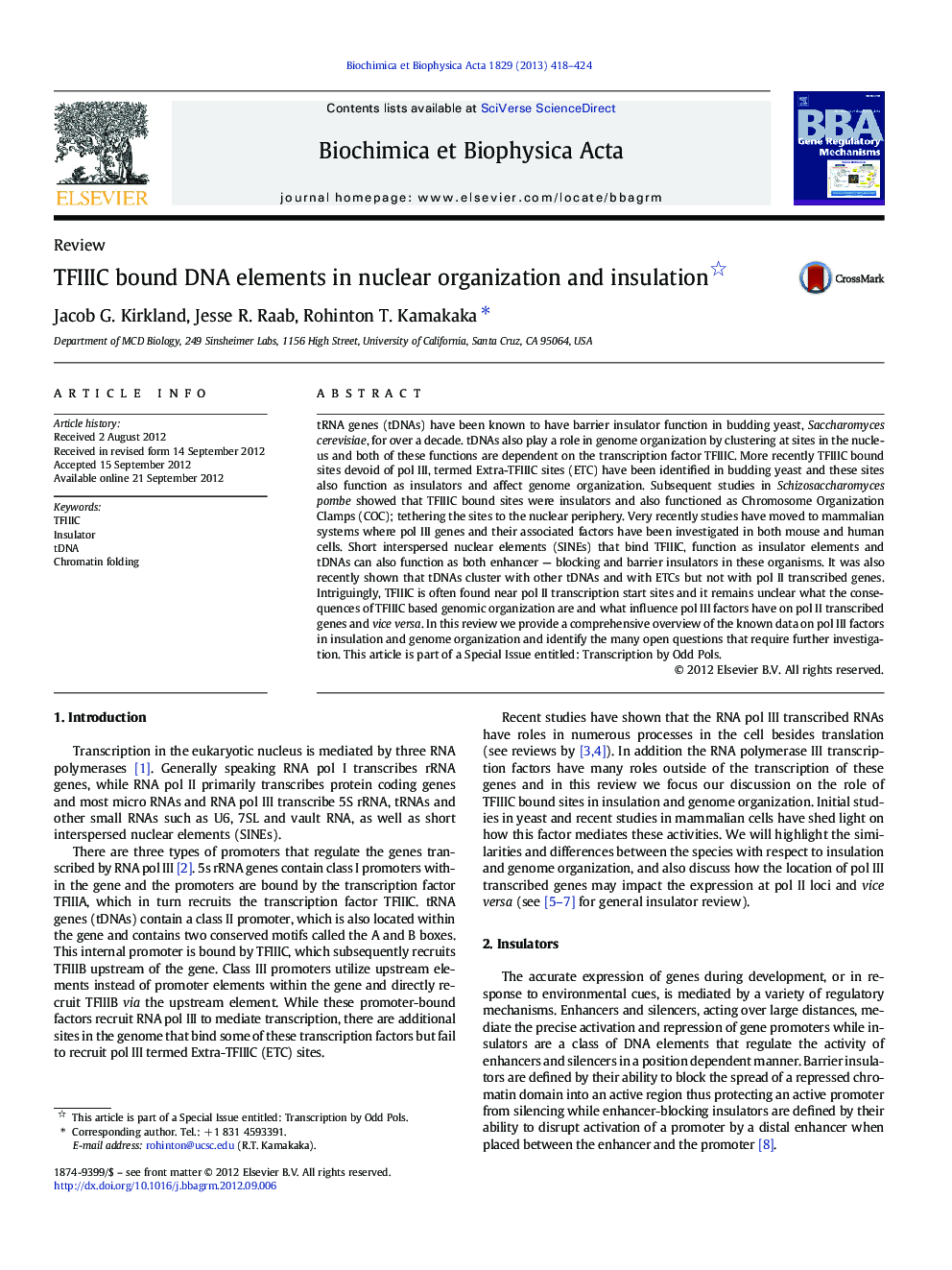 TFIIIC bound DNA elements in nuclear organization and insulation 