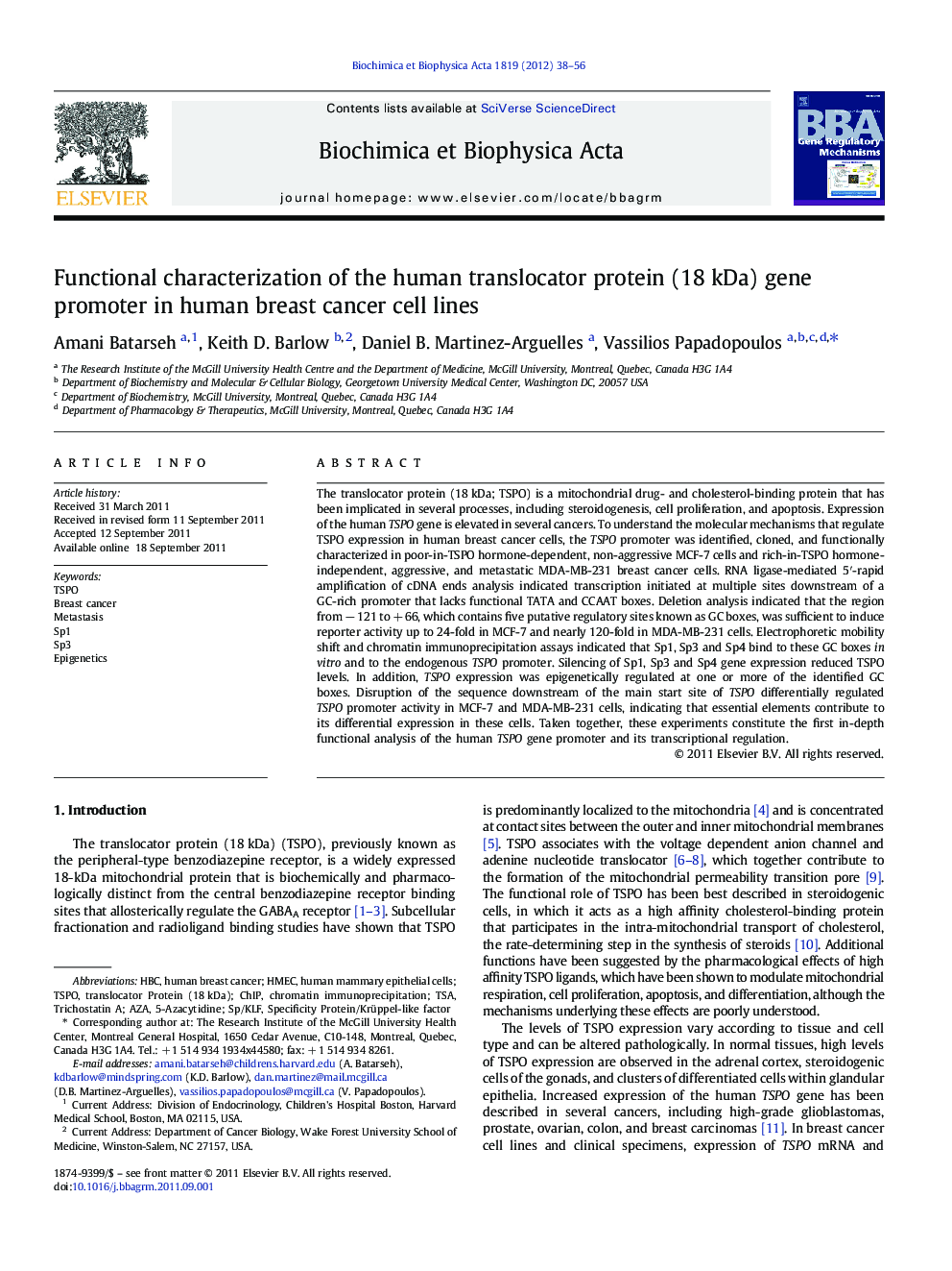 Functional characterization of the human translocator protein (18Â kDa) gene promoter in human breast cancer cell lines