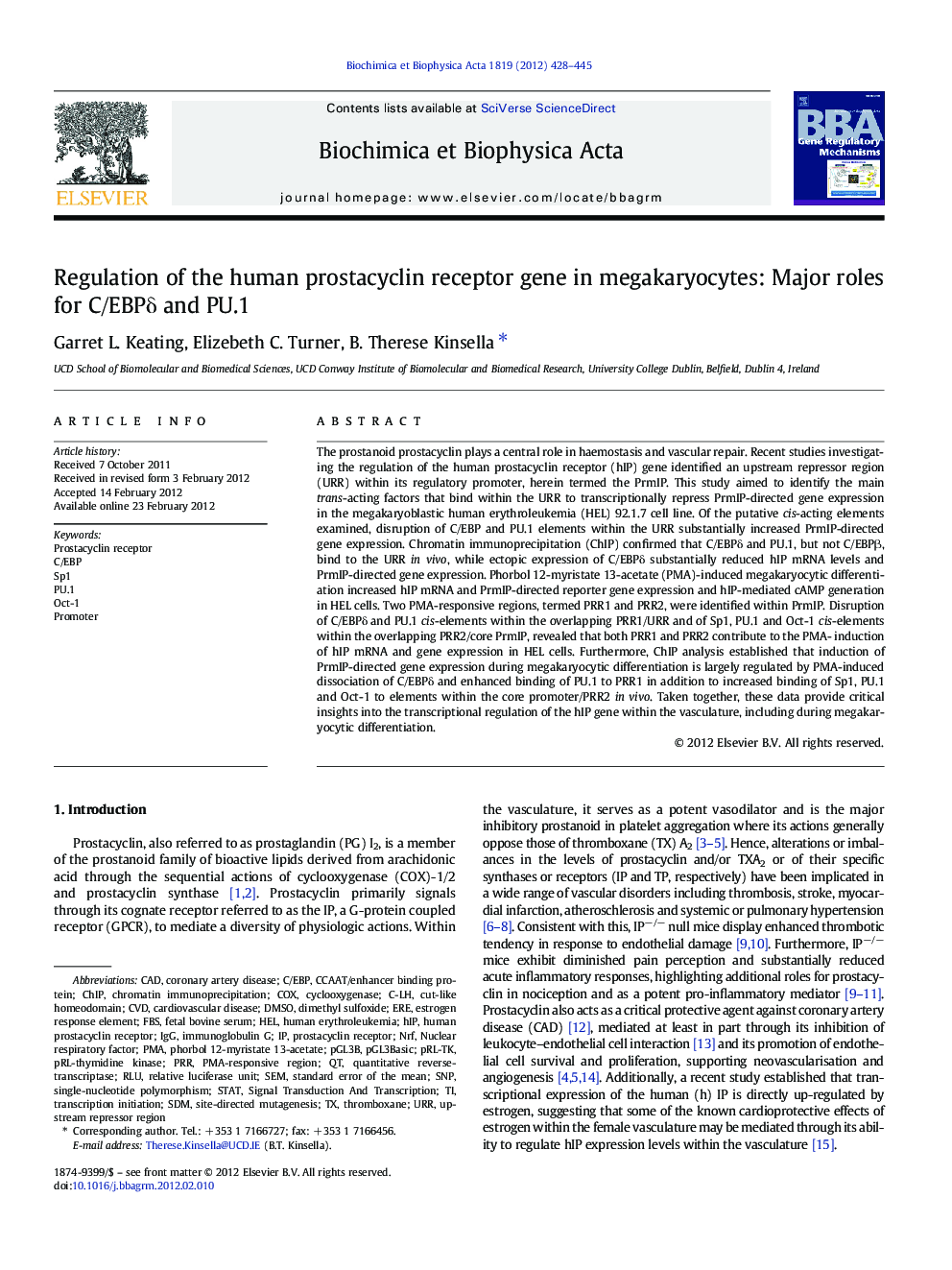 Regulation of the human prostacyclin receptor gene in megakaryocytes: Major roles for C/EBPδ and PU.1