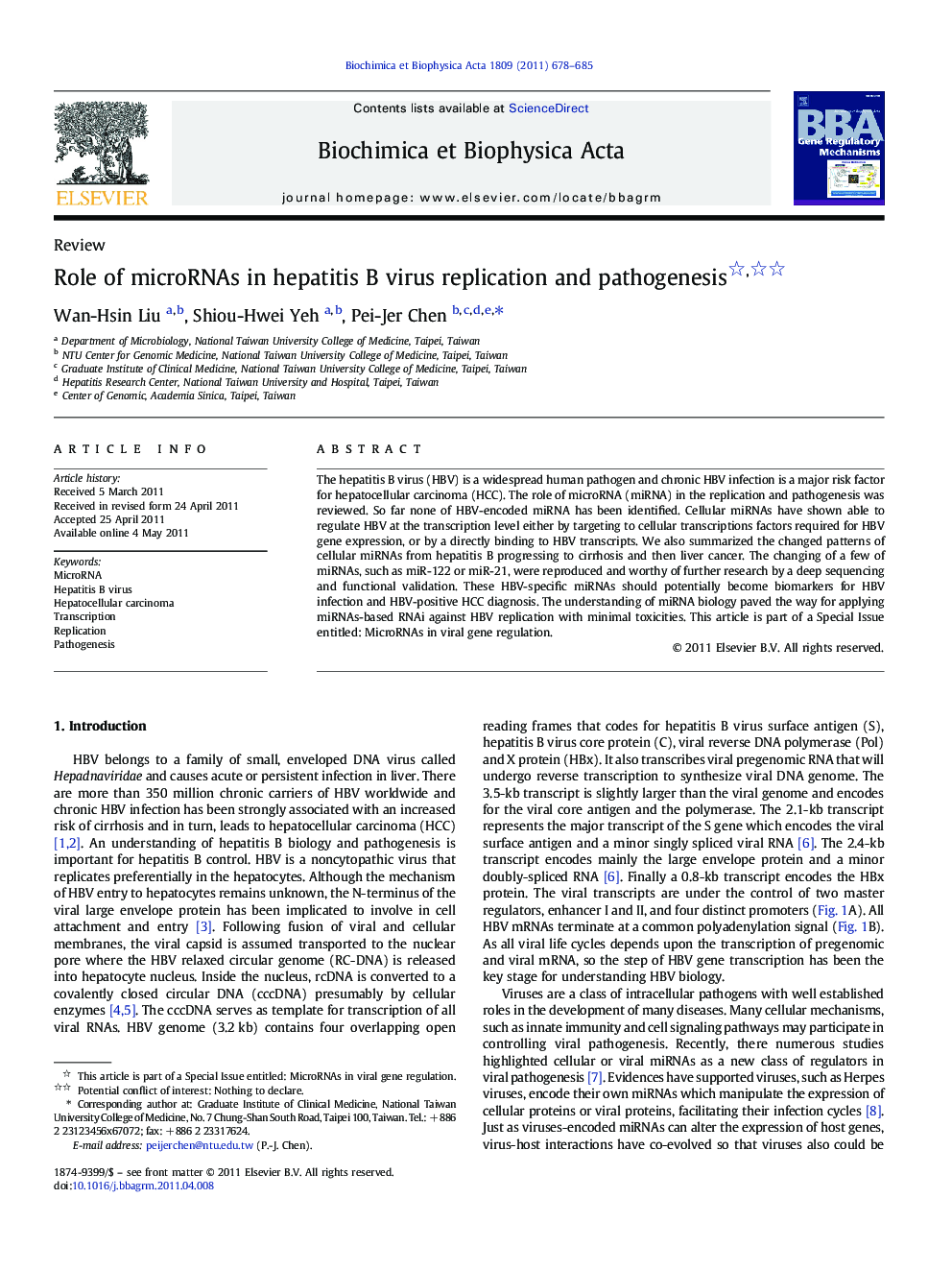 Role of microRNAs in hepatitis B virus replication and pathogenesis 