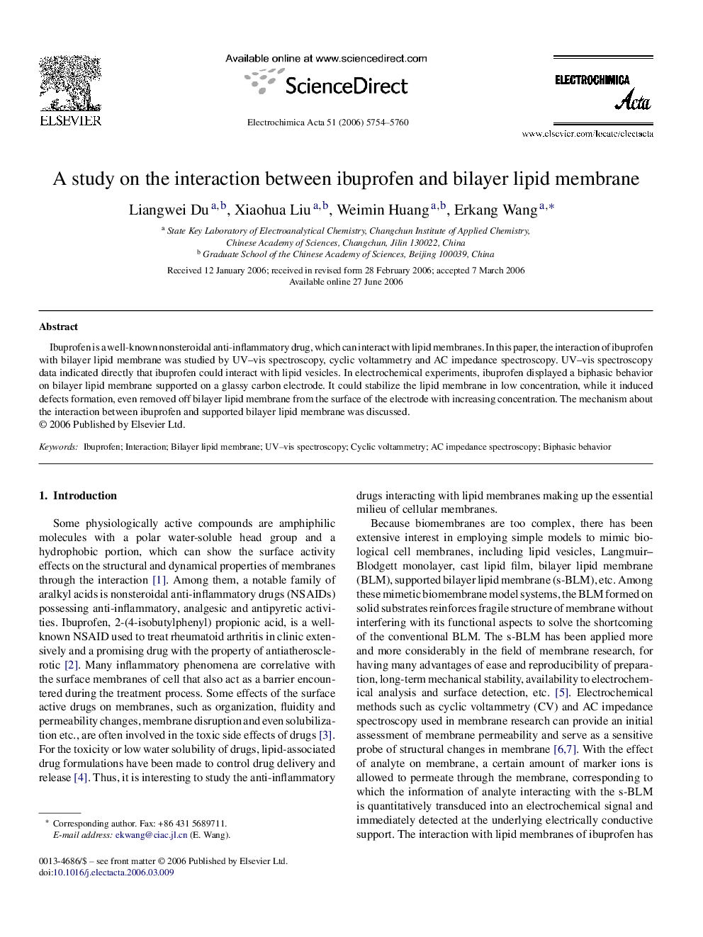 A study on the interaction between ibuprofen and bilayer lipid membrane