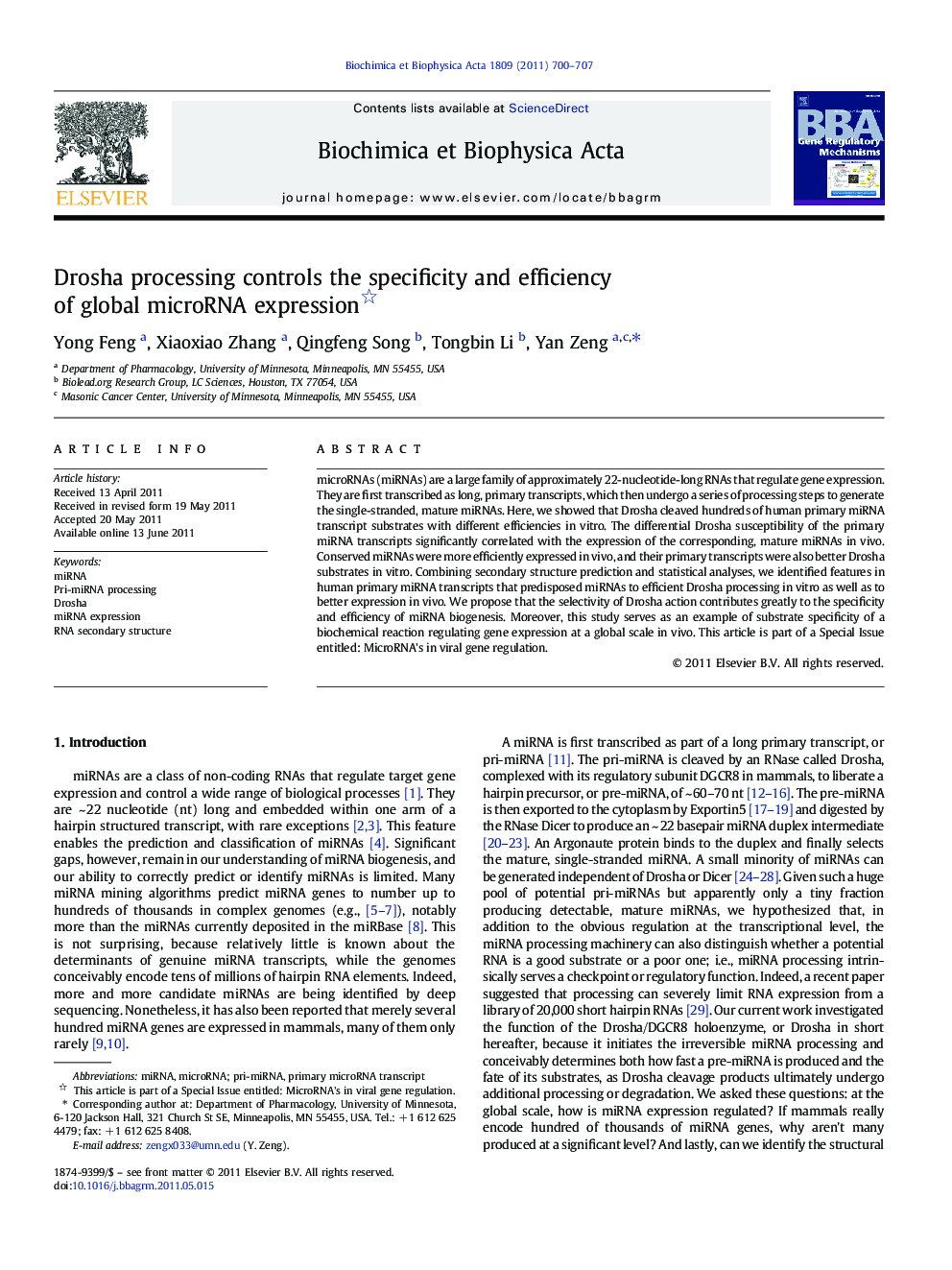 Drosha processing controls the specificity and efficiency of global microRNA expression 