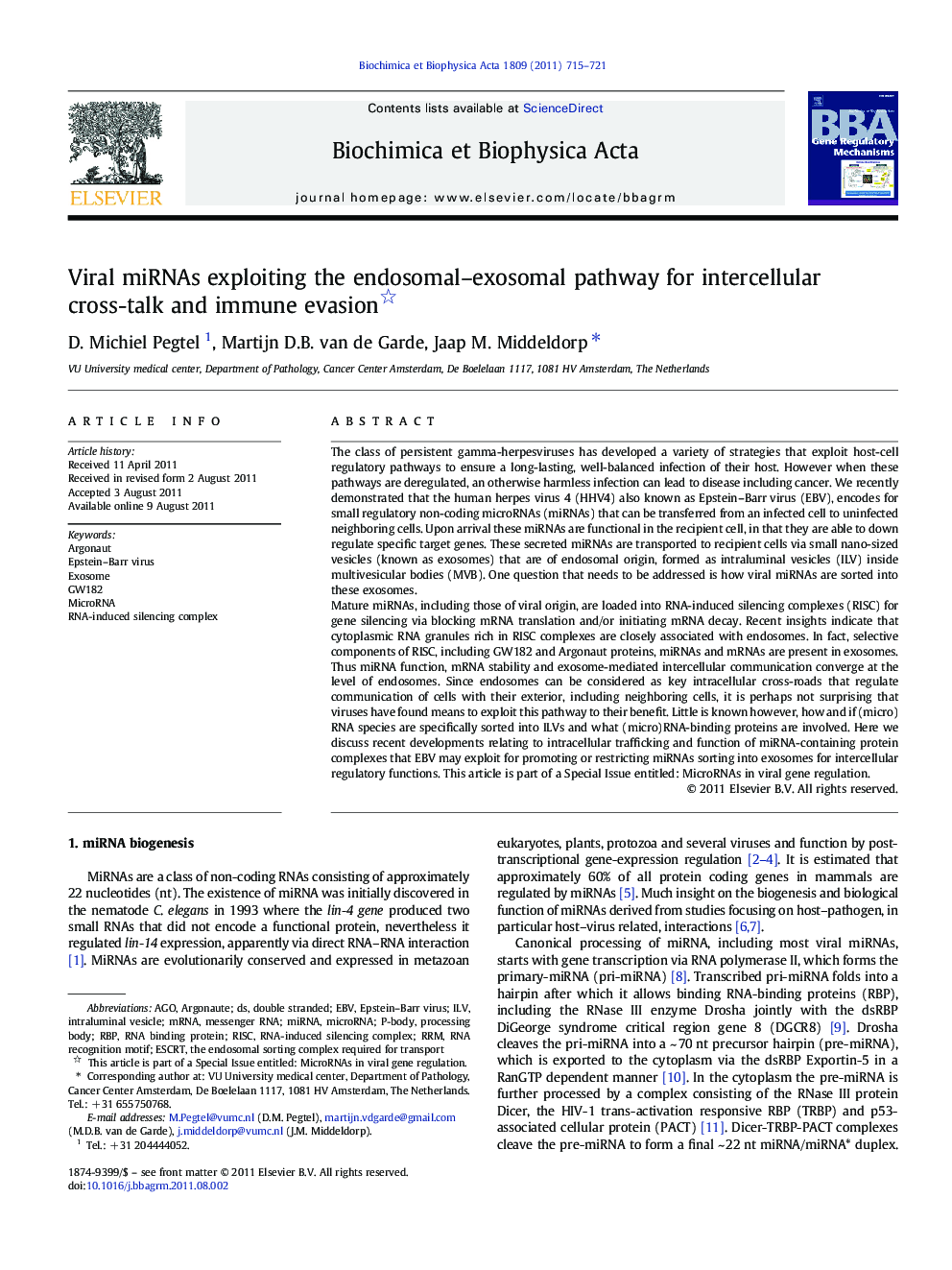 Viral miRNAs exploiting the endosomal–exosomal pathway for intercellular cross-talk and immune evasion 