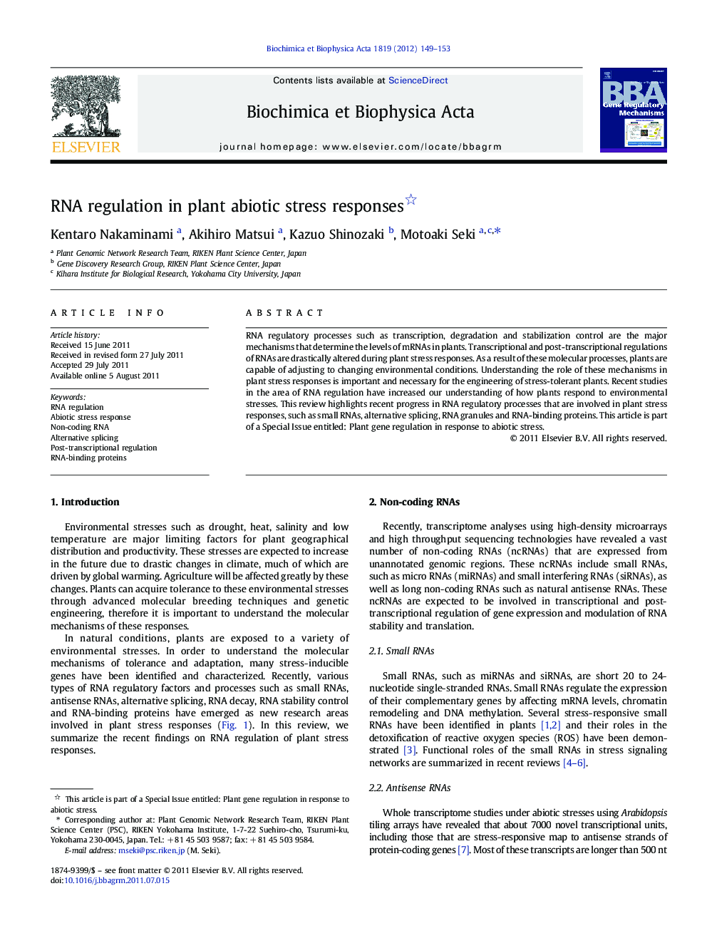 RNA regulation in plant abiotic stress responses 