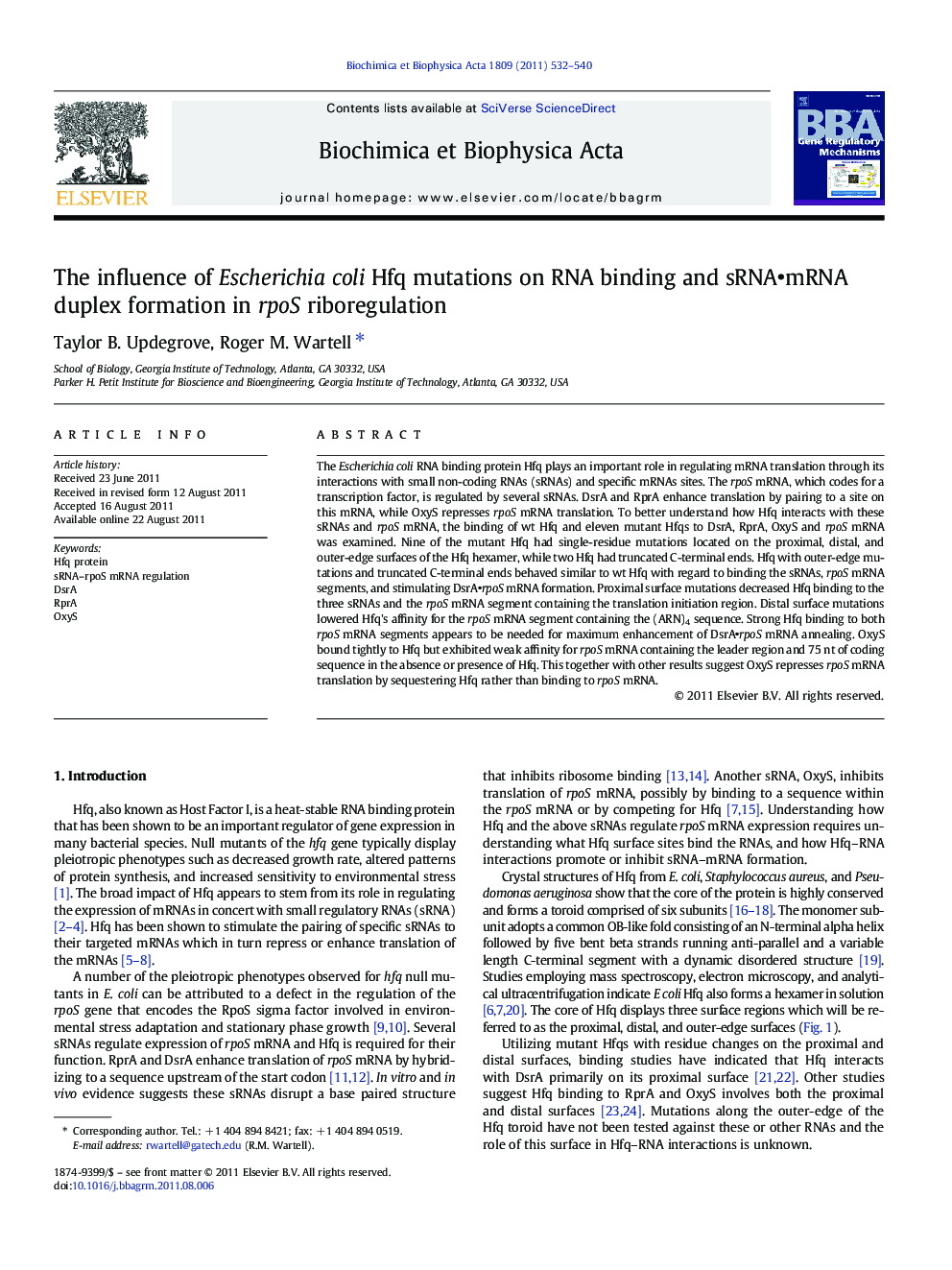 The influence of Escherichia coli Hfq mutations on RNA binding and sRNA•mRNA duplex formation in rpoS riboregulation