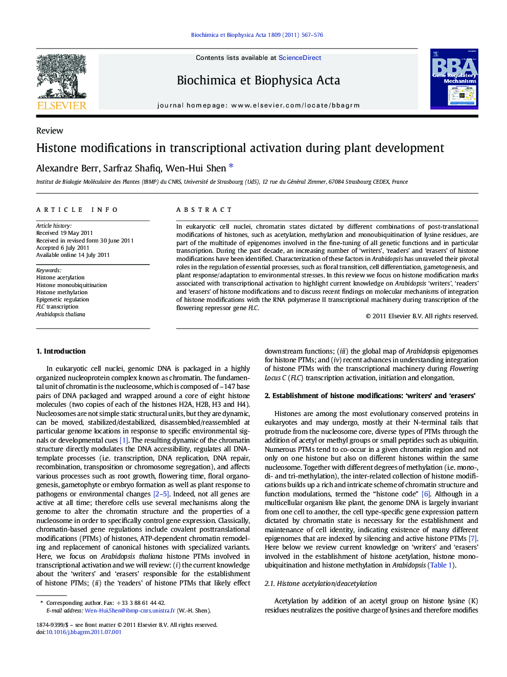 Histone modifications in transcriptional activation during plant development