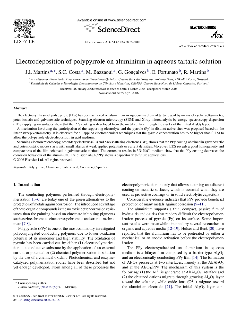 Electrodeposition of polypyrrole on aluminium in aqueous tartaric solution