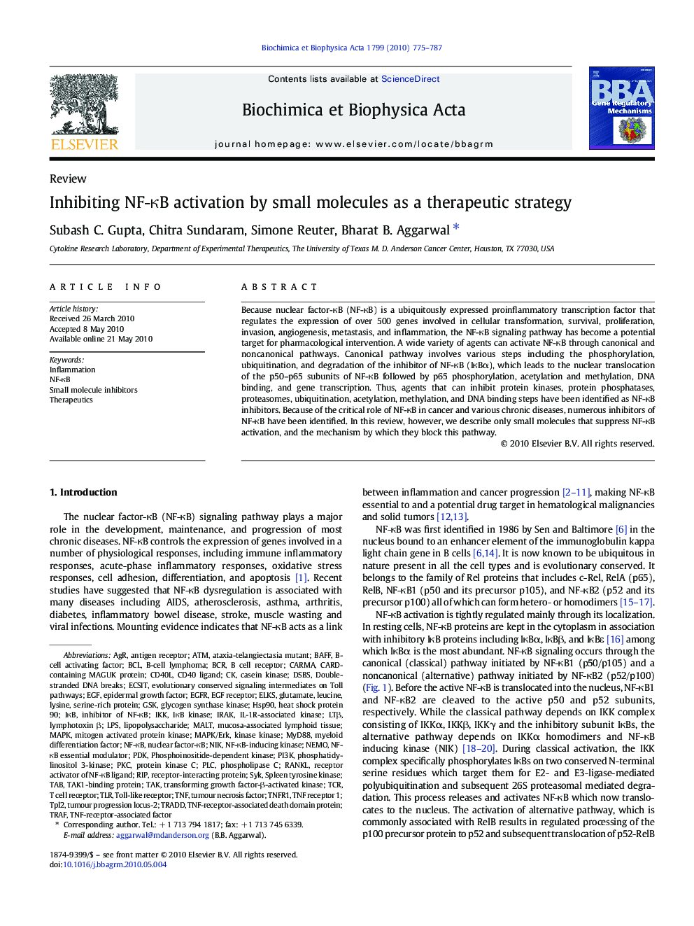 Inhibiting NF-κB activation by small molecules as a therapeutic strategy