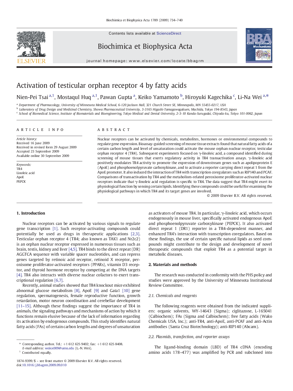 Activation of testicular orphan receptor 4 by fatty acids