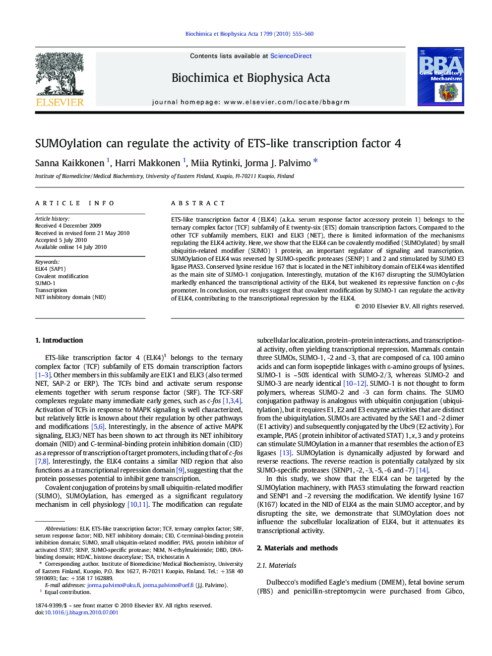 SUMOylation can regulate the activity of ETS-like transcription factor 4