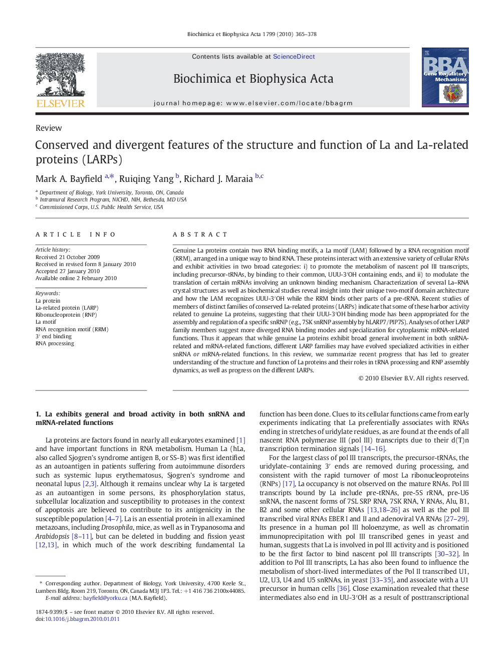 Conserved and divergent features of the structure and function of La and La-related proteins (LARPs)