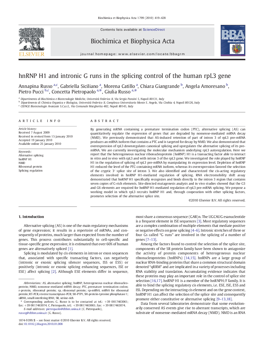 hnRNP H1 and intronic G runs in the splicing control of the human rpL3 gene