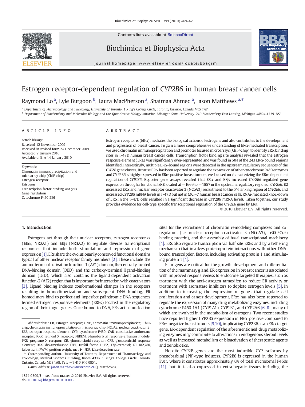 Estrogen receptor-dependent regulation of CYP2B6 in human breast cancer cells